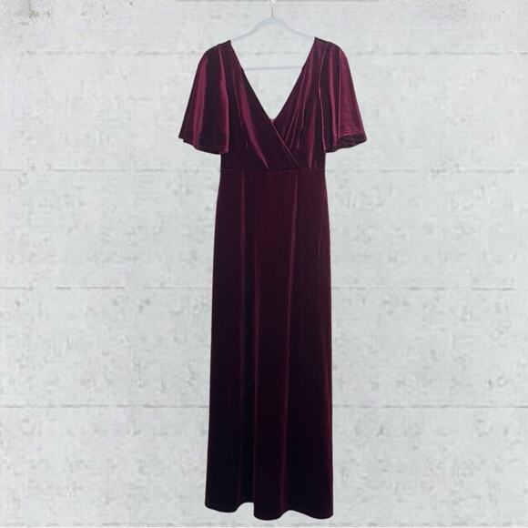 Ever Pretty V Neck Velvet Maxi Dress Flutter Sleeves Burgundy Bridesmaid Size M - Picture 3 of 14